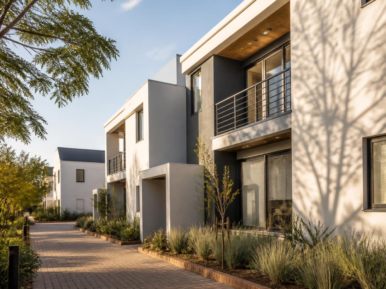 Modern South African rental townhouses in warm afternoon light